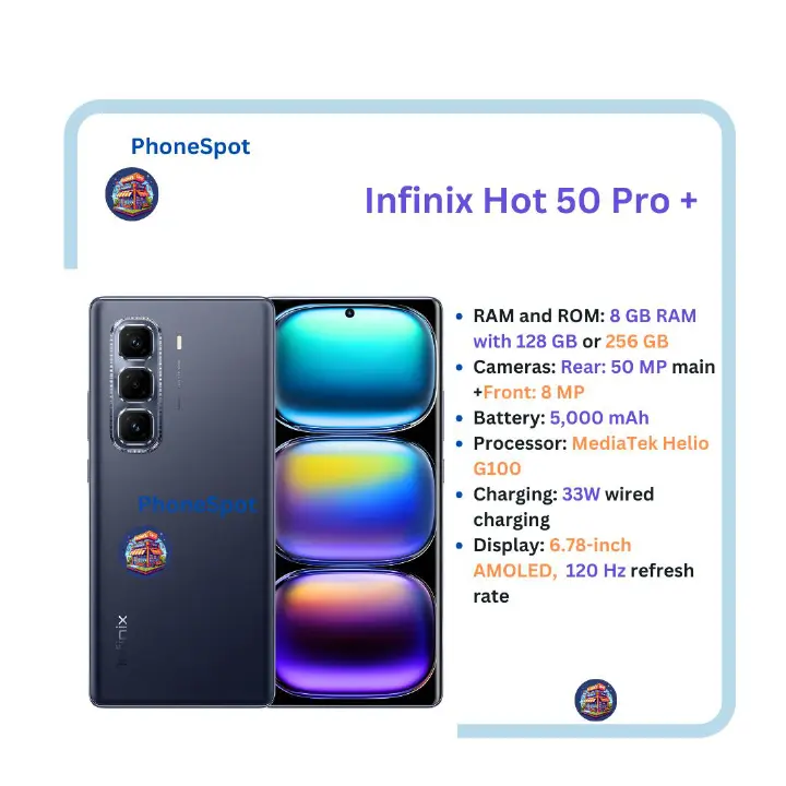 Black Friday Offer Infinix Hot 50 Pro Plus + Curved AMOLED 256GB+8GB RAM Upto 16GB RAM 6.78" Dual SIM 50MP Camera IP54 dust and splash resistant Fingerprint under display 5000mAh Smart Phones