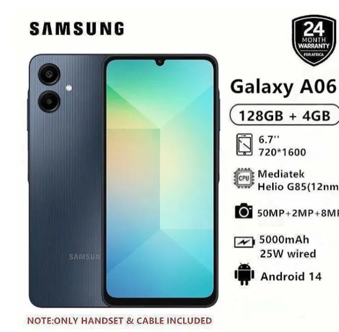 New Arrival Samsung Galaxy A06 64GB+4GB 50MP Camera 6.7" 90Hz MTK Helio G85 (12nm) 5000mAh 25W Type-C Charge Android 14 Smart Phones Side Fingerprint Unlock phone