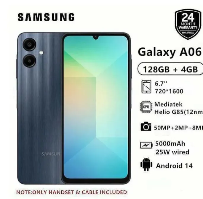 New Arrival Samsung Galaxy A06 64GB+4GB 50MP Camera 6.7" 90Hz MTK Helio G85 (12nm) 5000mAh 25W Type-C Charge Android 14 Smart Phones Side Fingerprint Unlock phone