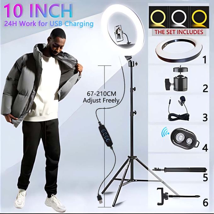 2.1M Tripod Stand with 10 Inch LED Ring Light- Dimmable Beauty Ringlight for Selfie Live Stream/Makeup/Youtube/Tiktok Video