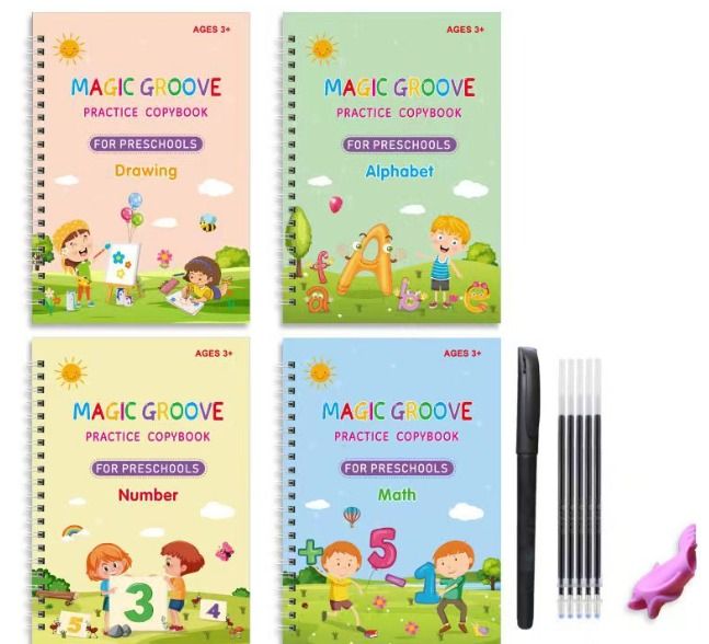 4 kids magic practice books set of 4. Maths,alphabet,numbers, drawing also comes withv1 pen, 4 pen refills and pen holder.