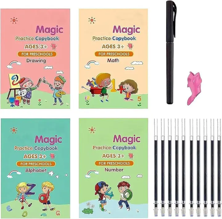 sank kids reusable magic book for handwriting and learning practice 4book+10 refills+pen holder perfect gift set
