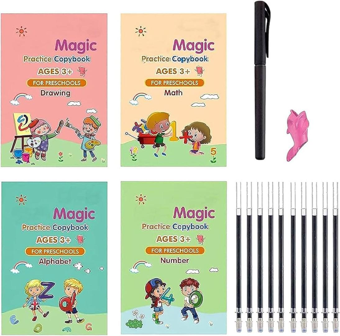 sank kids reusable magic book for handwriting and learning practice 4book+10 refills+pen holder perfect gift set