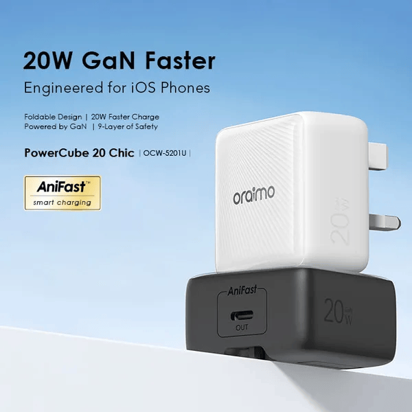 Oraimo Charger PowerCube 20 Chic 20W GaN Wall Charger Kit – Fast Charging with Type-C to Lightning Cable, Compact Design, Durable Build