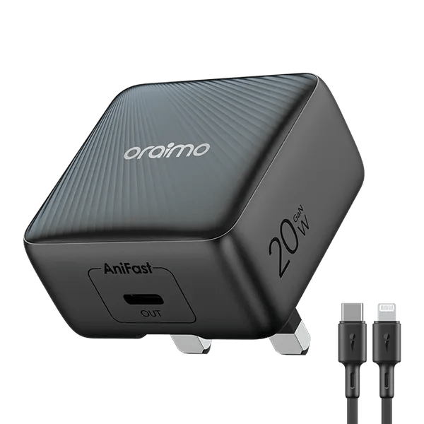 Oraimo Charger PowerCube 20 Chic 20W GaN Wall Charger Kit – Fast Charging with Type-C to Lightning Cable, Compact Design, Durable Build