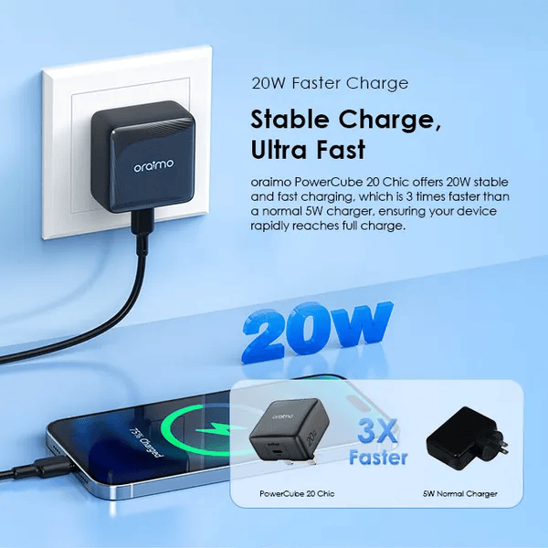 Oraimo Charger PowerCube 20 Chic 20W GaN Wall Charger Kit – Fast Charging with Type-C to Lightning Cable, Compact Design, Durable Build