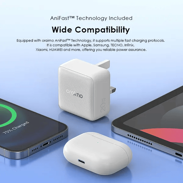 Oraimo Charger PowerCube 20 Chic 20W GaN Wall Charger Kit – Fast Charging with Type-C to Lightning Cable, Compact Design, Durable Build