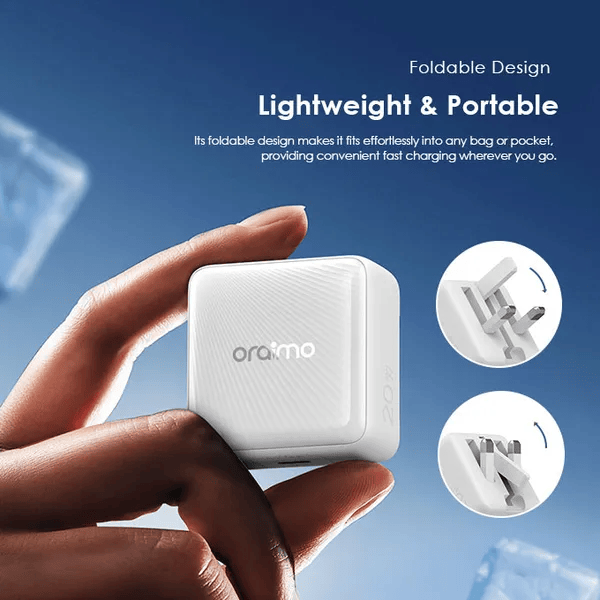 Oraimo Charger PowerCube 20 Chic 20W GaN Wall Charger Kit – Fast Charging with Type-C to Lightning Cable, Compact Design, Durable Build