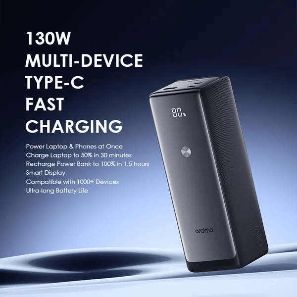 oraimo PowerJet 130 27600mAh 130W Power Bank – High-Capacity Portable Charger with Fast Charging, Dual USB-C, and LED Display for Laptops and Devices