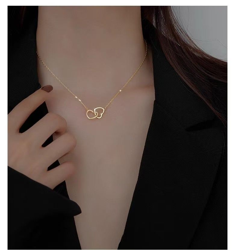 gold titanium  Ladies Luxurious Elegant Love Button Necklace-Gold-like steel double love necklace women fashion lover gift clavicle chain Titanium steel non-fading necklace Instagram jewelry