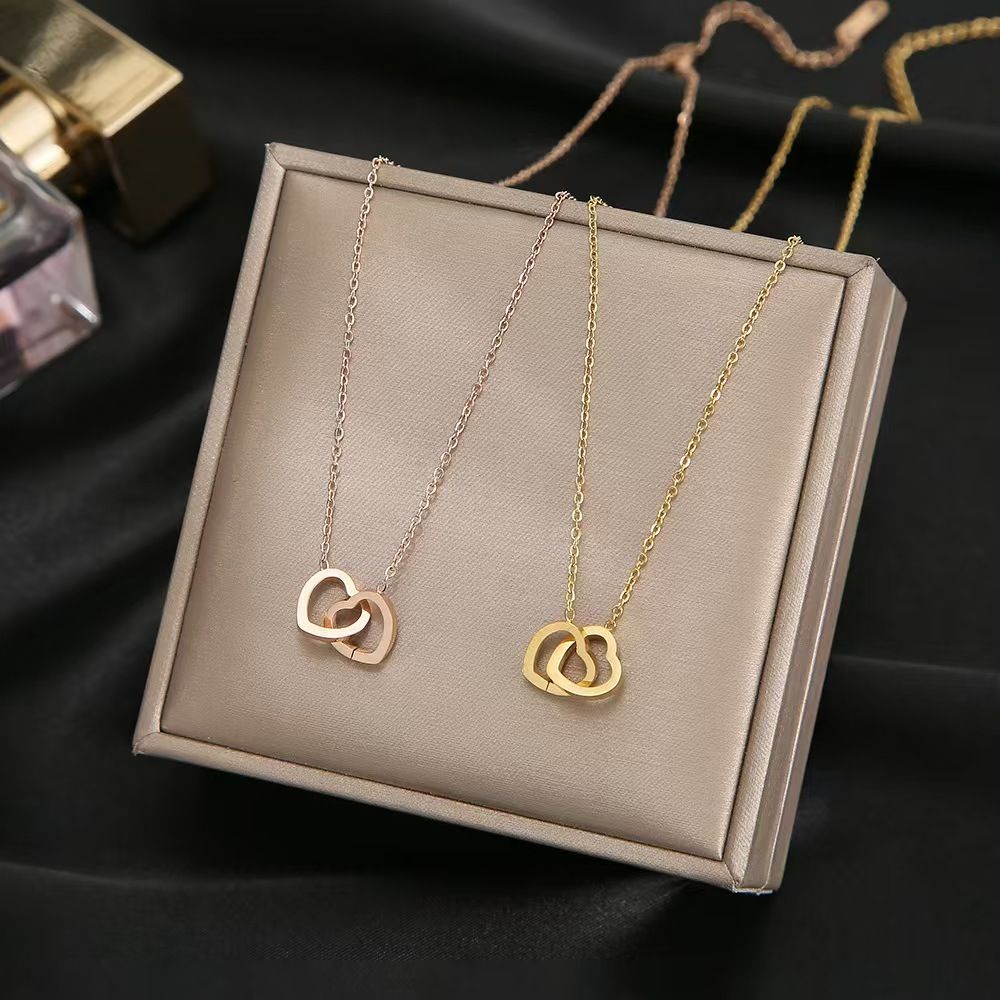 gold titanium  Ladies Luxurious Elegant Love Button Necklace-Gold-like steel double love necklace women fashion lover gift clavicle chain Titanium steel non-fading necklace Instagram jewelry