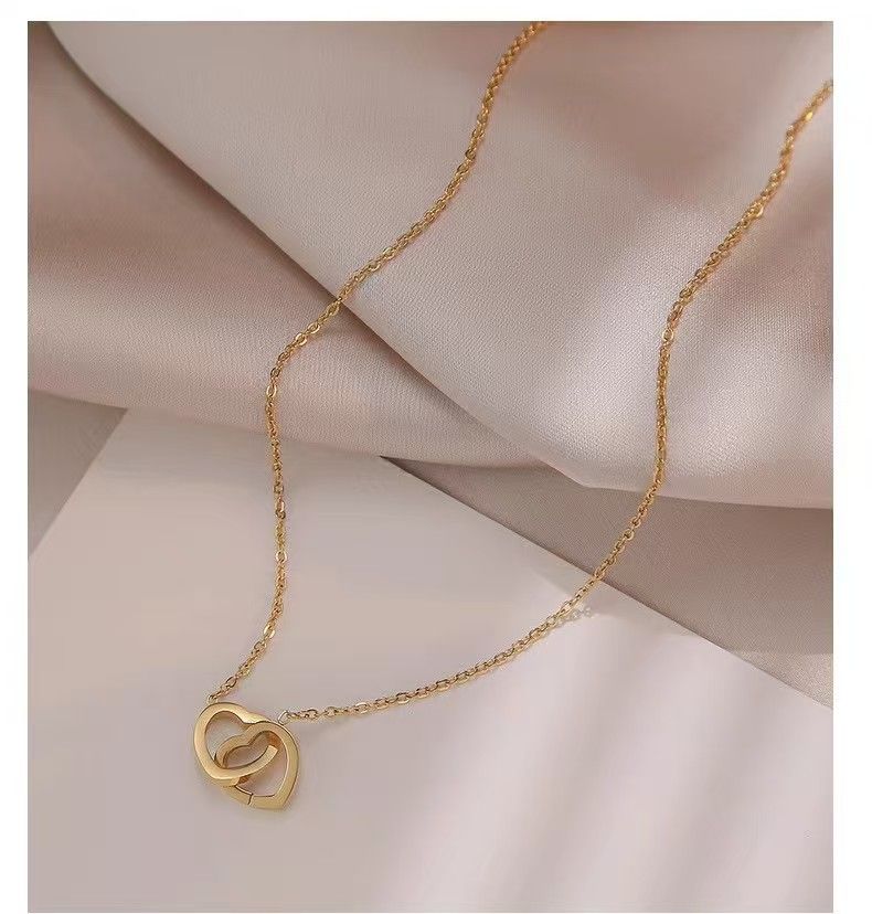 gold titanium  Ladies Luxurious Elegant Love Button Necklace-Gold-like steel double love necklace women fashion lover gift clavicle chain Titanium steel non-fading necklace Instagram jewelry