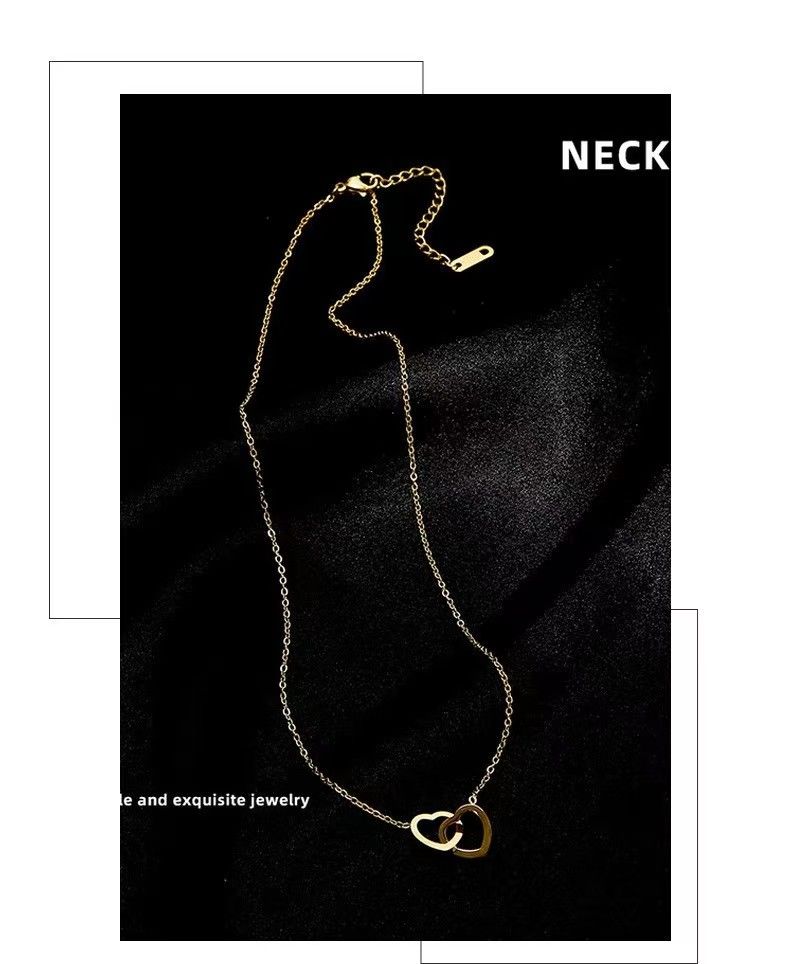 gold titanium  Ladies Luxurious Elegant Love Button Necklace-Gold-like steel double love necklace women fashion lover gift clavicle chain Titanium steel non-fading necklace Instagram jewelry