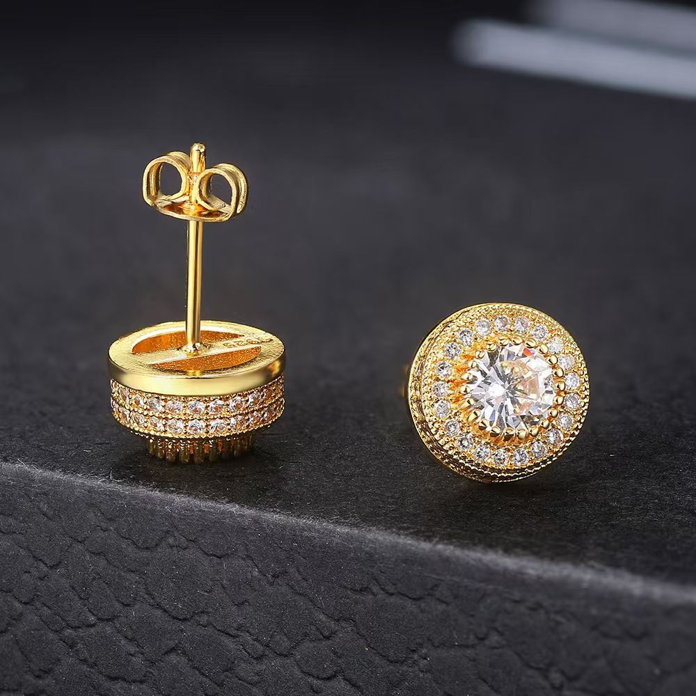 Hip-hop stud man men earrings full of diamond micro gold plated men's earrings Amazon hipster accessories