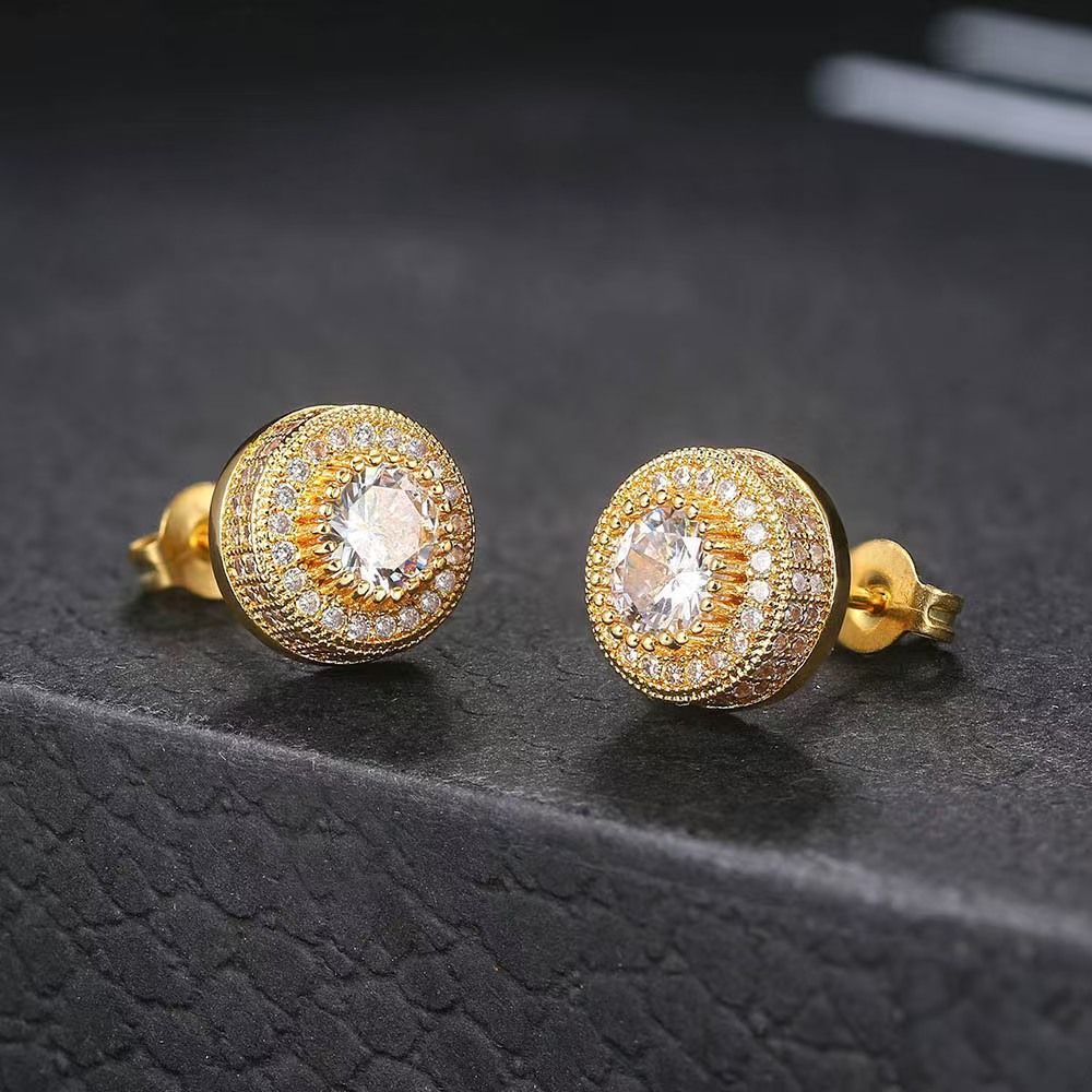 Hip-hop stud man men earrings full of diamond micro gold plated men's earrings Amazon hipster accessories