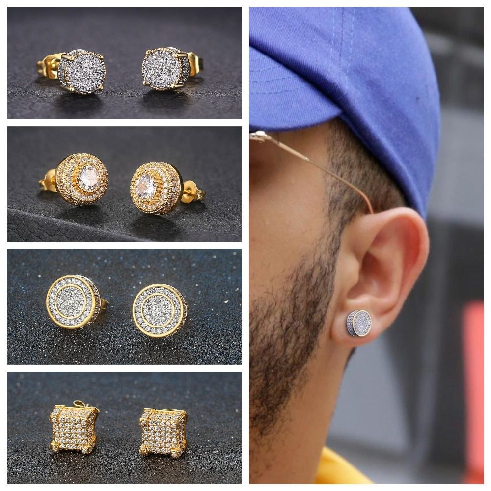 Hip-hop stud man men earrings full of diamond micro gold plated men's earrings Amazon hipster accessories