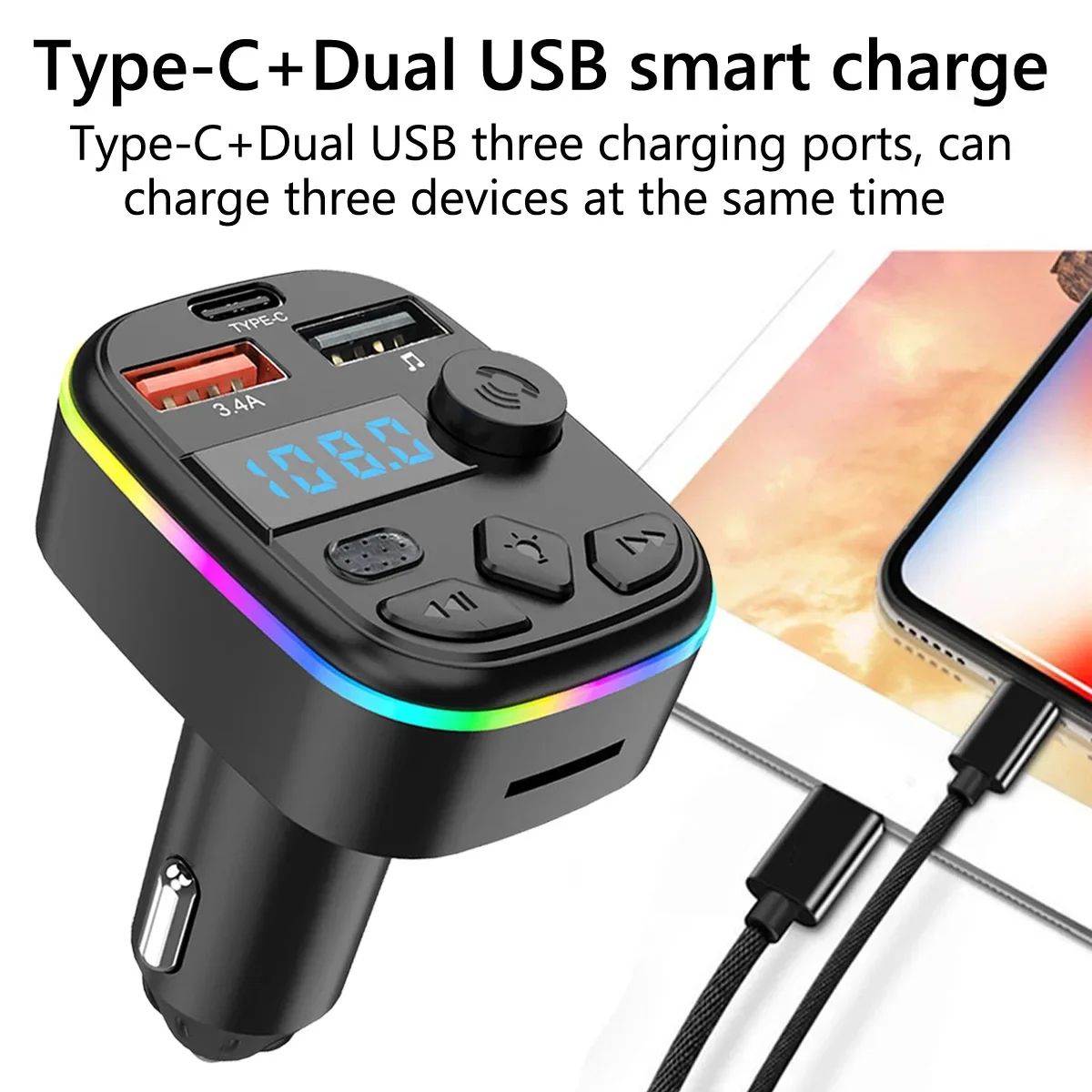 FM Transmitter Support TF Card U Disk Car MP3 Player Dual USB Type C Car Charger Cell Phone Charging Hands Free Wireless Car Kit