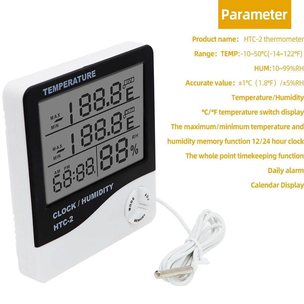HTC-1 HTC-2 Digital Temperature Humidity Meter Electronic LCD Indoor Outdoor Thermometer Hygrometer Weather Station Clock