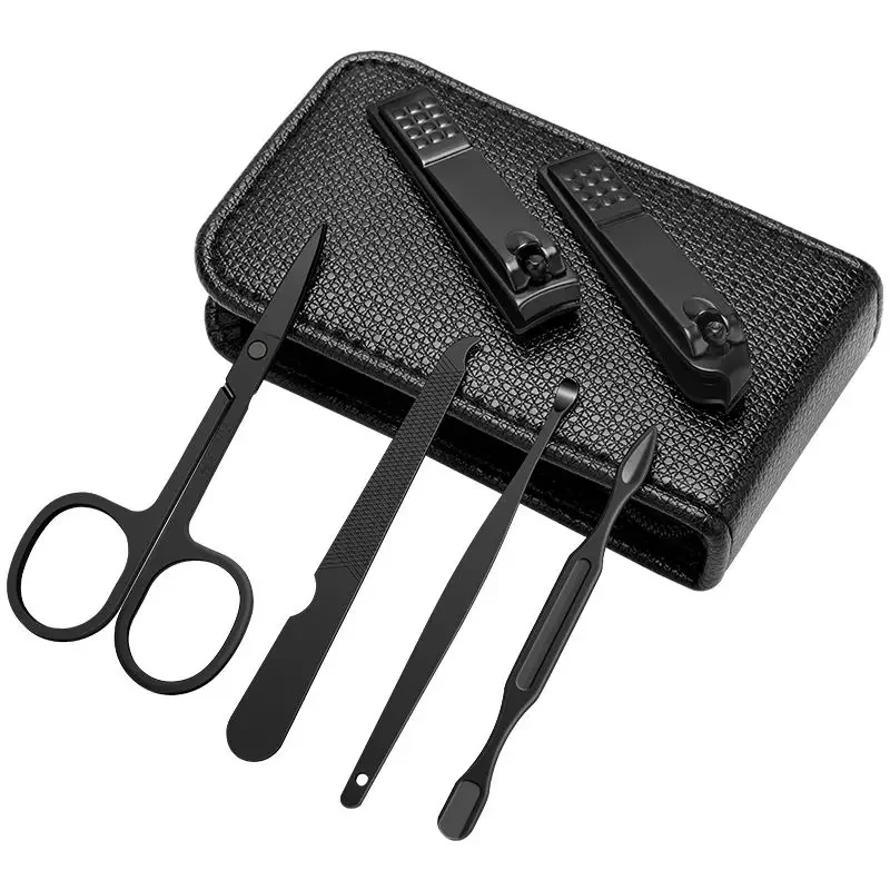 Ouriner New 6 Pcs Portable Luxury Manicure Sets Pedicure Kits Bright Black Nail Clipper Set Personal Care Tools Eyebrow Scissors