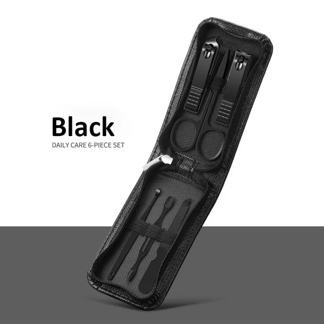 Ouriner New 6 Pcs Portable Luxury Manicure Sets Pedicure Kits Bright Black Nail Clipper Set Personal Care Tools Eyebrow Scissors