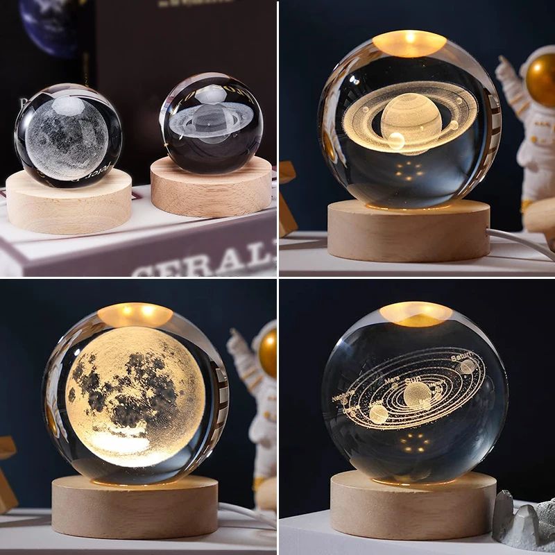 Luminous Crystal Ball LED Night Light Saturn Solar System 3D Moon Table Lamp USB Bedroom Atmosphere Lamp for Birthday Kid Gift
