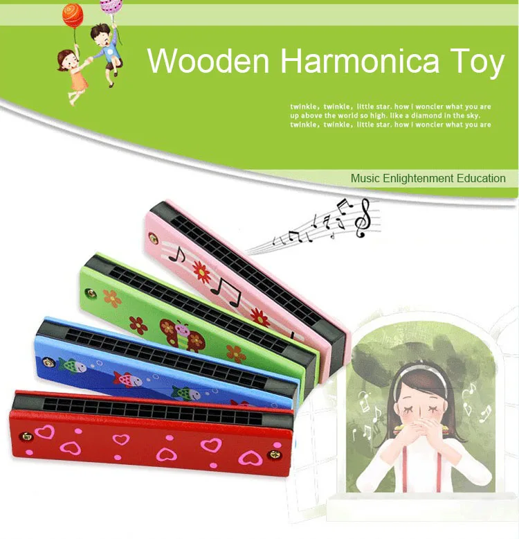 16-Hole Wooden Harmonica Cartoon Animals Painted Toy Musical Instrument Play Kids Early Educational Toys for Children Gifts