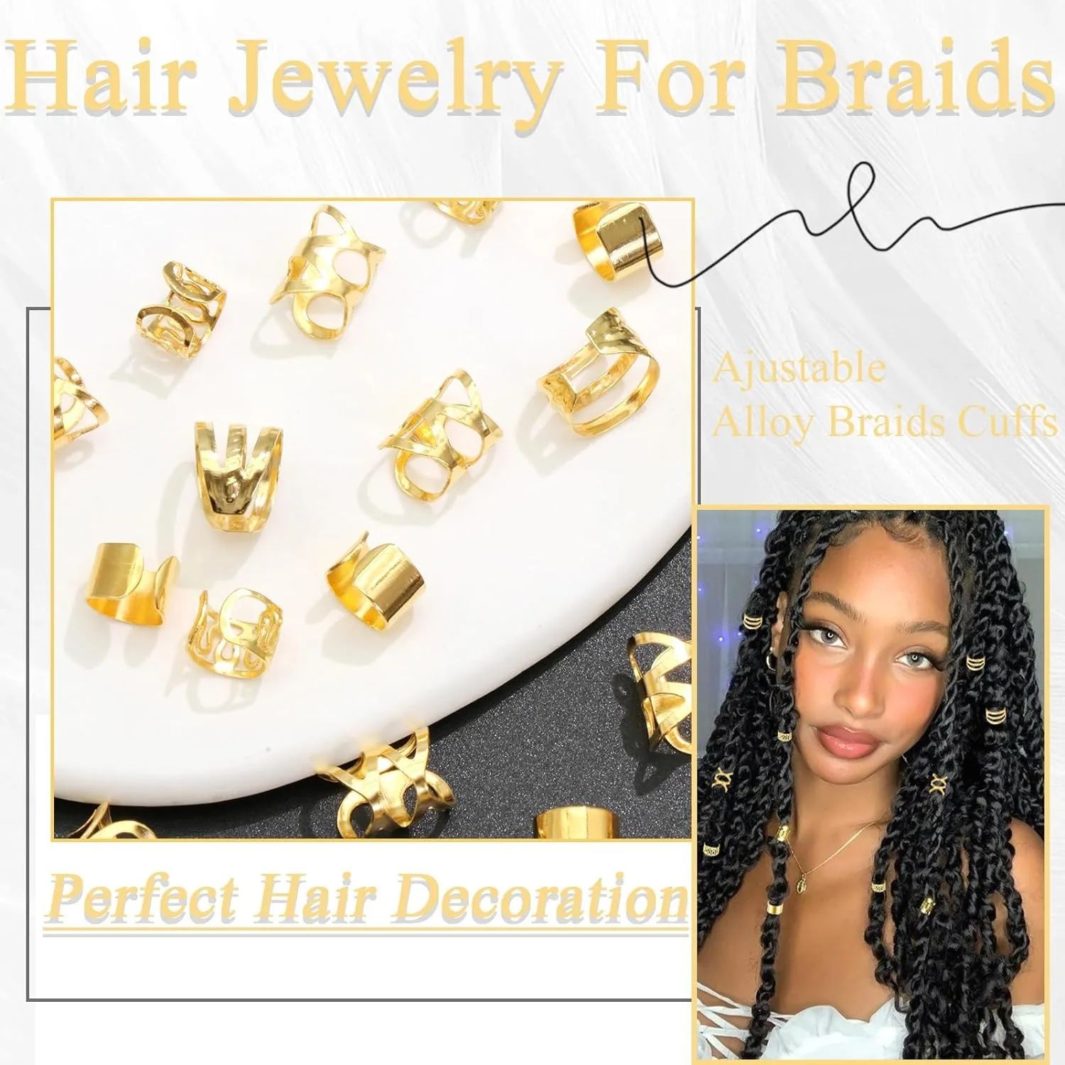 40PCS Hair Jewelry for Braids Gold Hair Cuffs Multi Style Rings Adjustable Hair Beads for Braid Loc Dreadlock Accessories