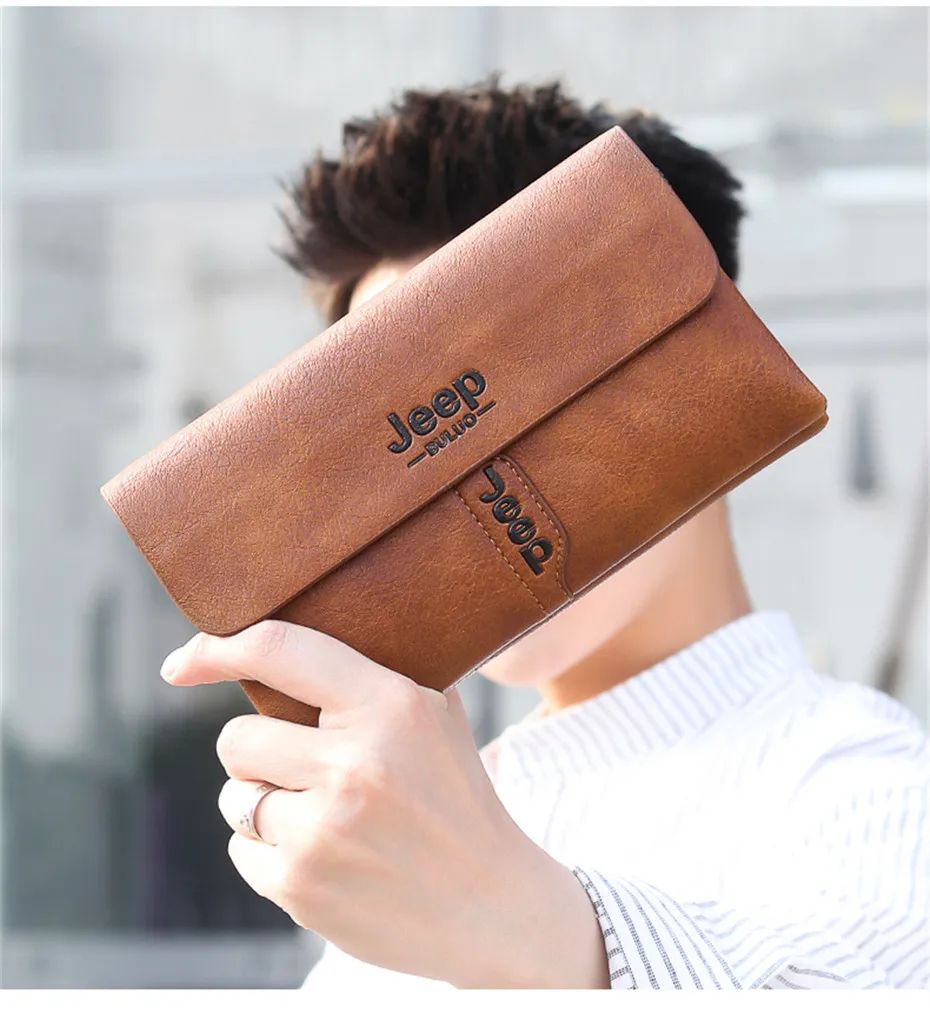 JEEP BULUO Mens Wallet Clutch Bag PU Leather Coin Purse Long Fashion Business Style Men&#39;s Handbag Card Bags Soft Key Bag