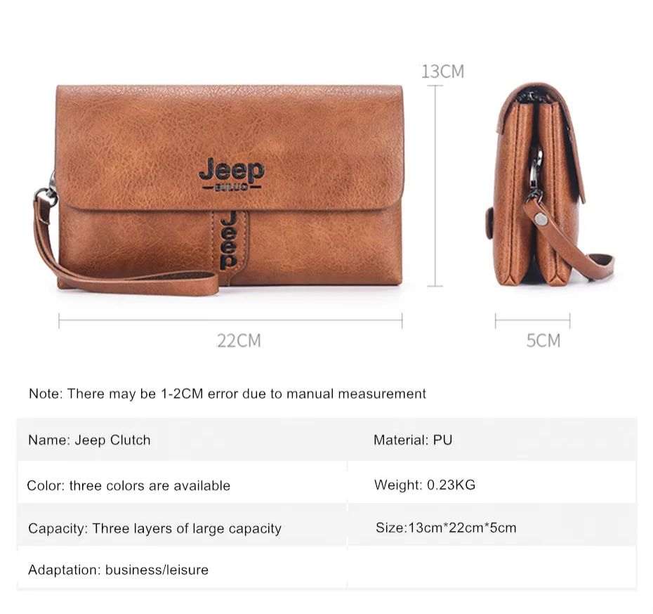 JEEP BULUO Mens Wallet Clutch Bag PU Leather Coin Purse Long Fashion Business Style Men&#39;s Handbag Card Bags Soft Key Bag
