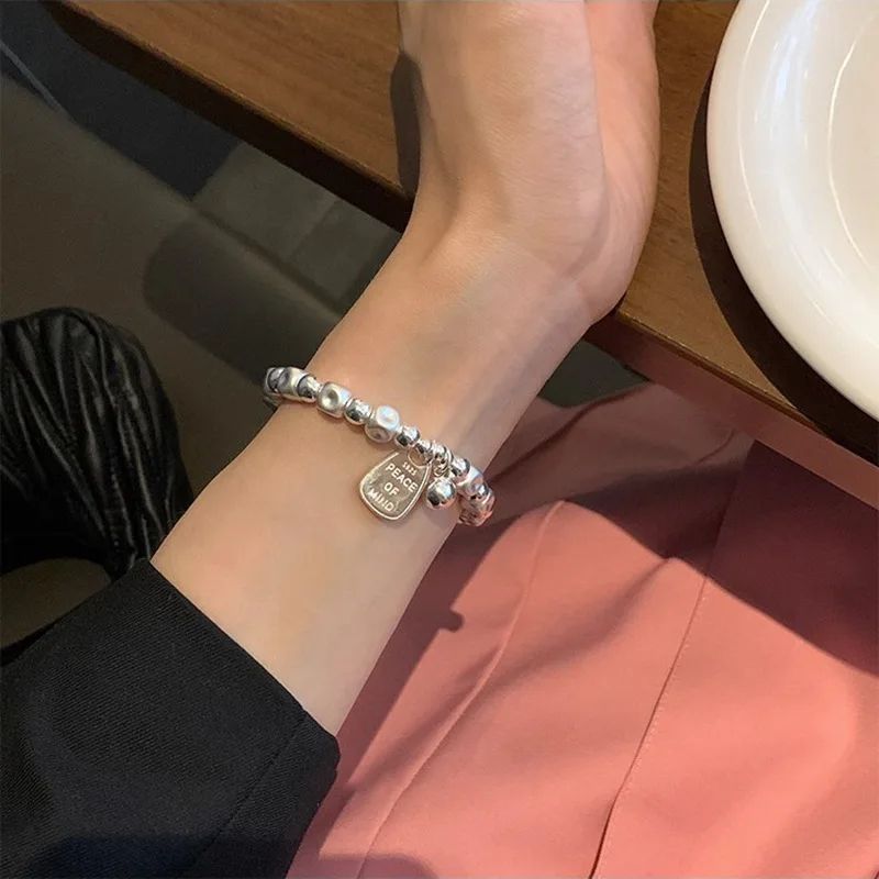 925 Sterling Silver Matte Finish Geometry Bracelet For Women Letter Bead Frosting Peace Jewelry Gifts
