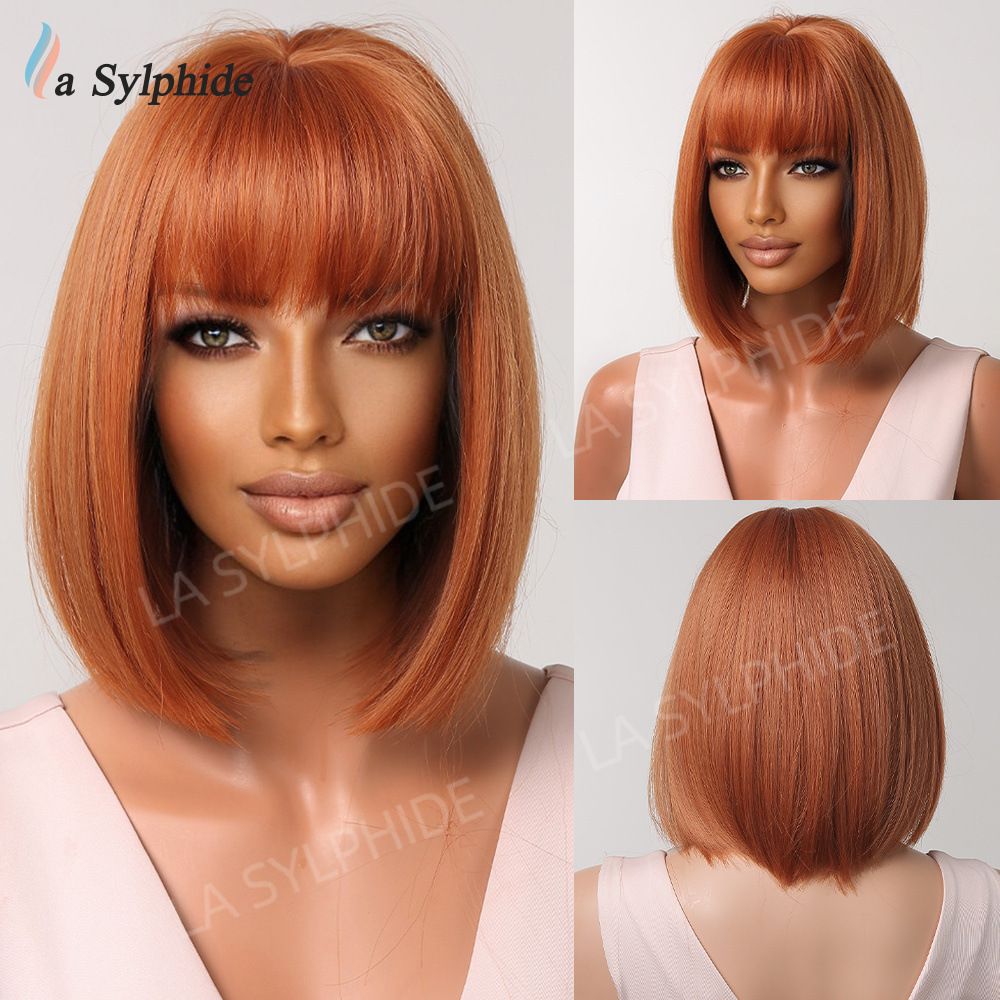 Short Wine Red Bob Wigs For Women Burgundy Bob Wigs With Thick Bangs Heat Resistant Synthetic Wig