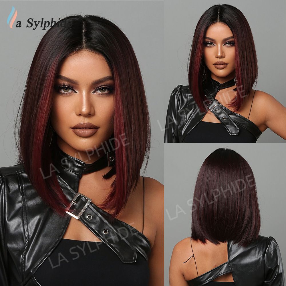 Short Wine Red Bob Wigs For Women Burgundy Bob Wigs With Thick Bangs Heat Resistant Synthetic Wig