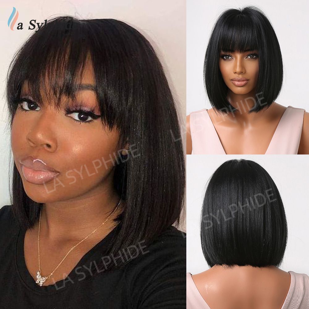 Short Wine Red Bob Wigs For Women Burgundy Bob Wigs With Thick Bangs Heat Resistant Synthetic Wig