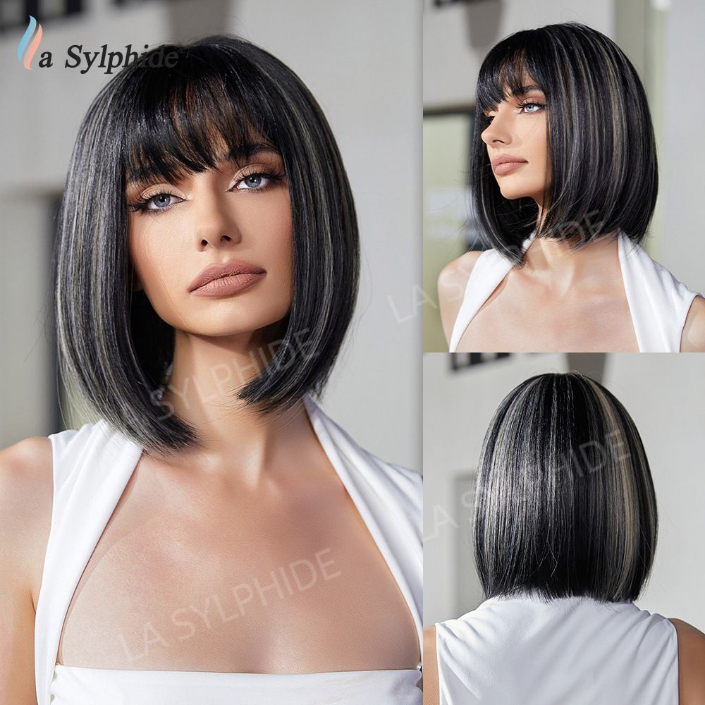 Short Wine Red Bob Wigs For Women Burgundy Bob Wigs With Thick Bangs Heat Resistant Synthetic Wig