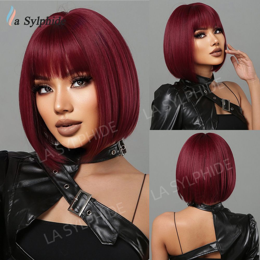 Short Wine Red Bob Wigs For Women Burgundy Bob Wigs With Thick Bangs Heat Resistant Synthetic Wig