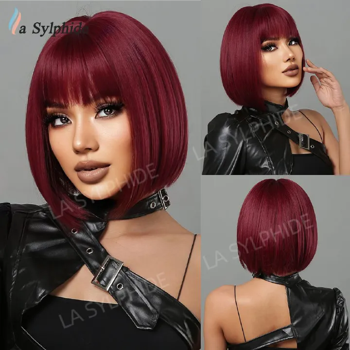 Short Wine Red Bob Wigs For Women Burgundy Bob Wigs With Thick Bangs Heat Resistant Synthetic Wig