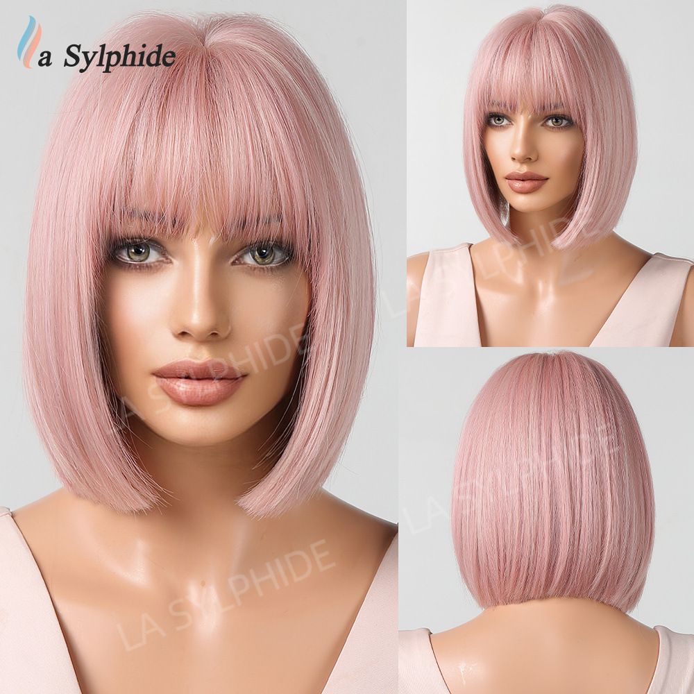 Short Wine Red Bob Wigs For Women Burgundy Bob Wigs With Thick Bangs Heat Resistant Synthetic Wig