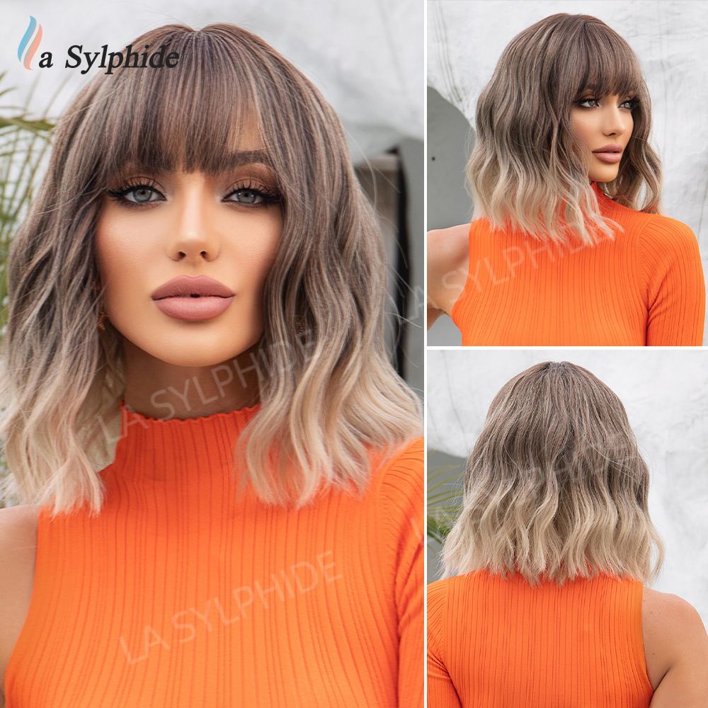 Women Grey Wavy Bob Wigs with Bangs Short Blonde Ombre Synthetic Wig With with Dark Roots Natural Hair for Daily Use