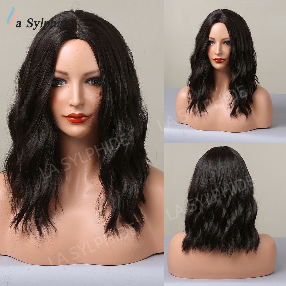 Women Grey Wavy Bob Wigs with Bangs Short Blonde Ombre Synthetic Wig With with Dark Roots Natural Hair for Daily Use