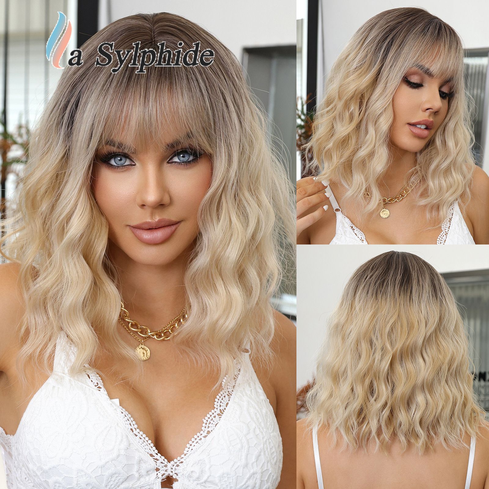 Women Grey Wavy Bob Wigs with Bangs Short Blonde Ombre Synthetic Wig With with Dark Roots Natural Hair for Daily Use
