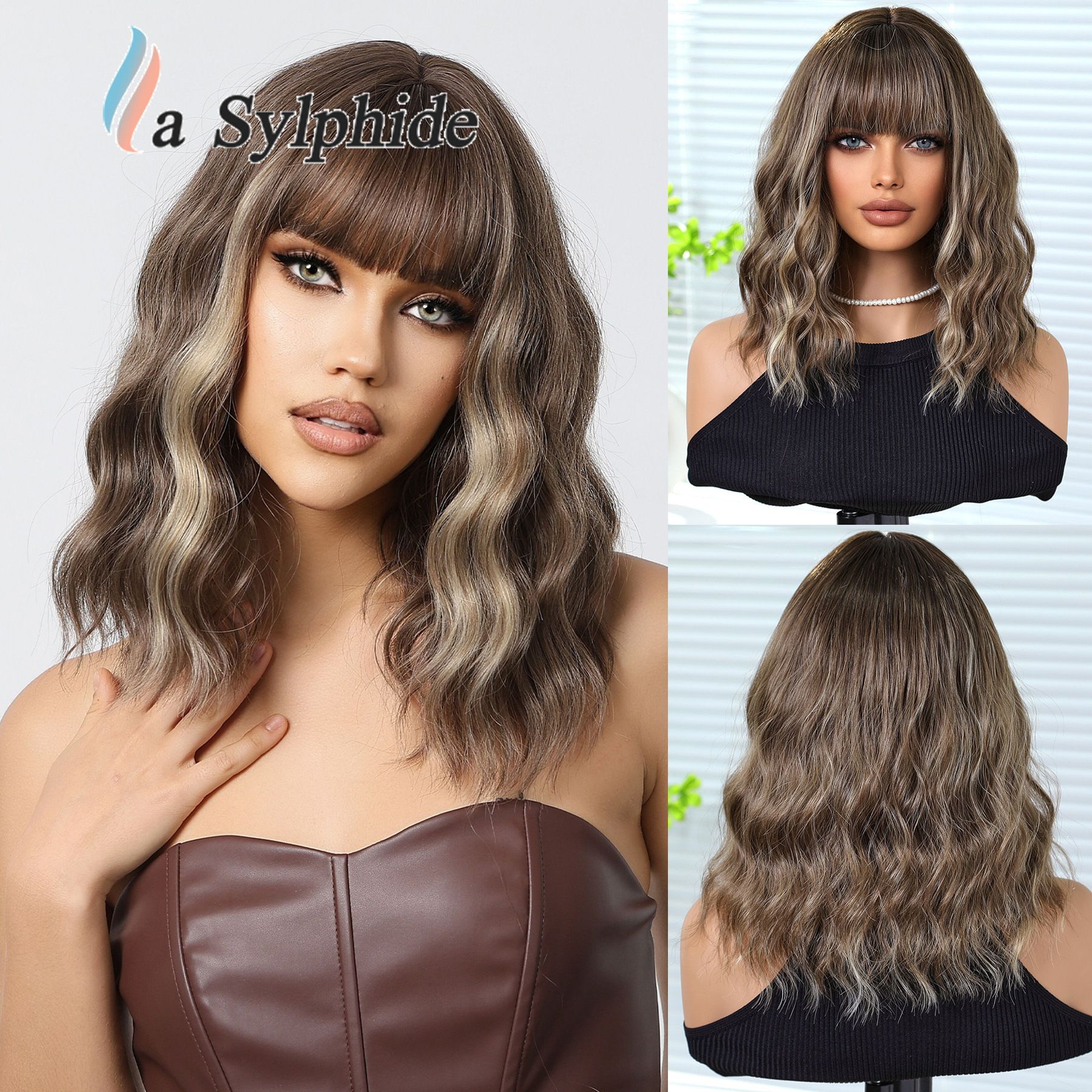 Women Grey Wavy Bob Wigs with Bangs Short Blonde Ombre Synthetic Wig With with Dark Roots Natural Hair for Daily Use