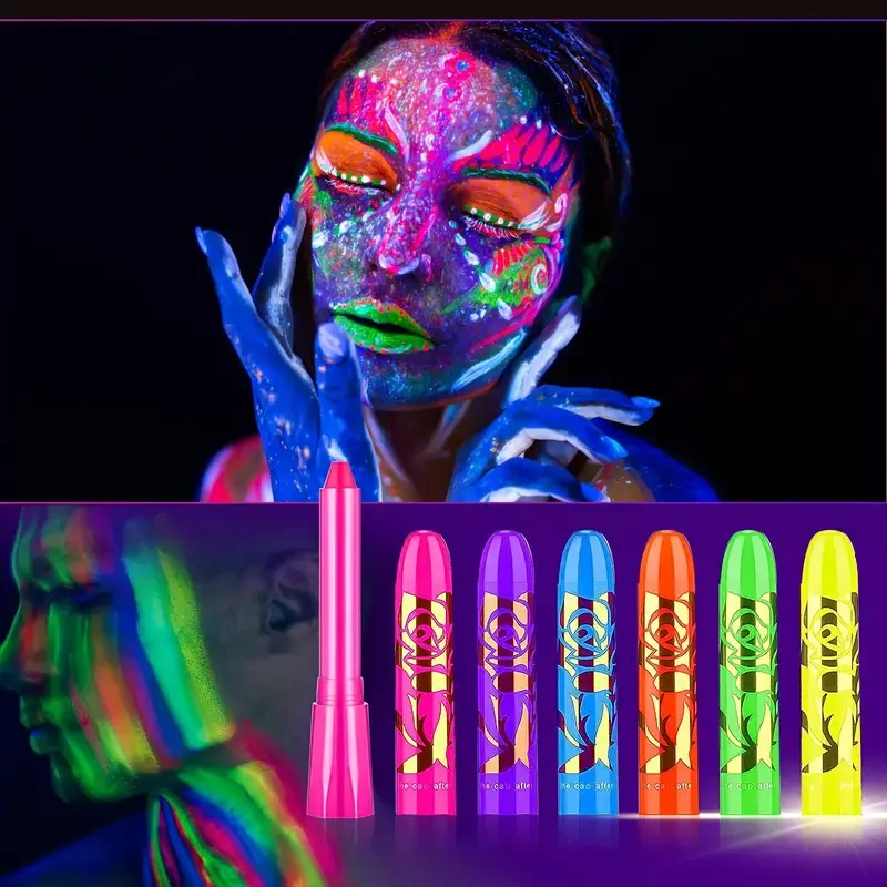 6Pcs UV Neon Face Painting Kit,Glow in the Dark Under UV Lights,Black Light Glow Makeup Kit,Washable Water Soluble Face Painting