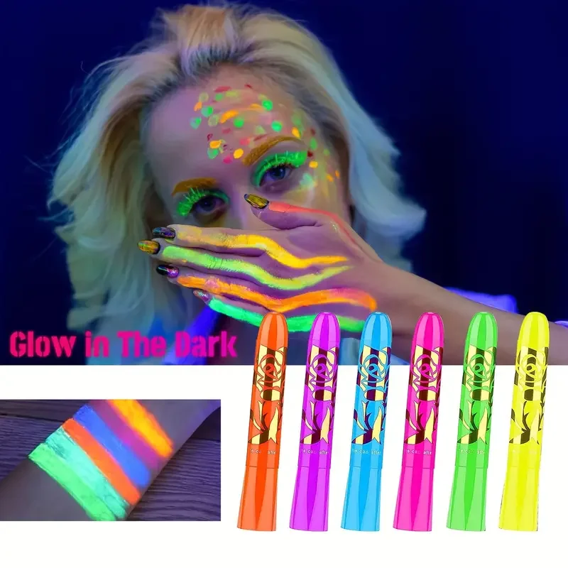6Pcs UV Neon Face Painting Kit,Glow in the Dark Under UV Lights,Black Light Glow Makeup Kit,Washable Water Soluble Face Painting