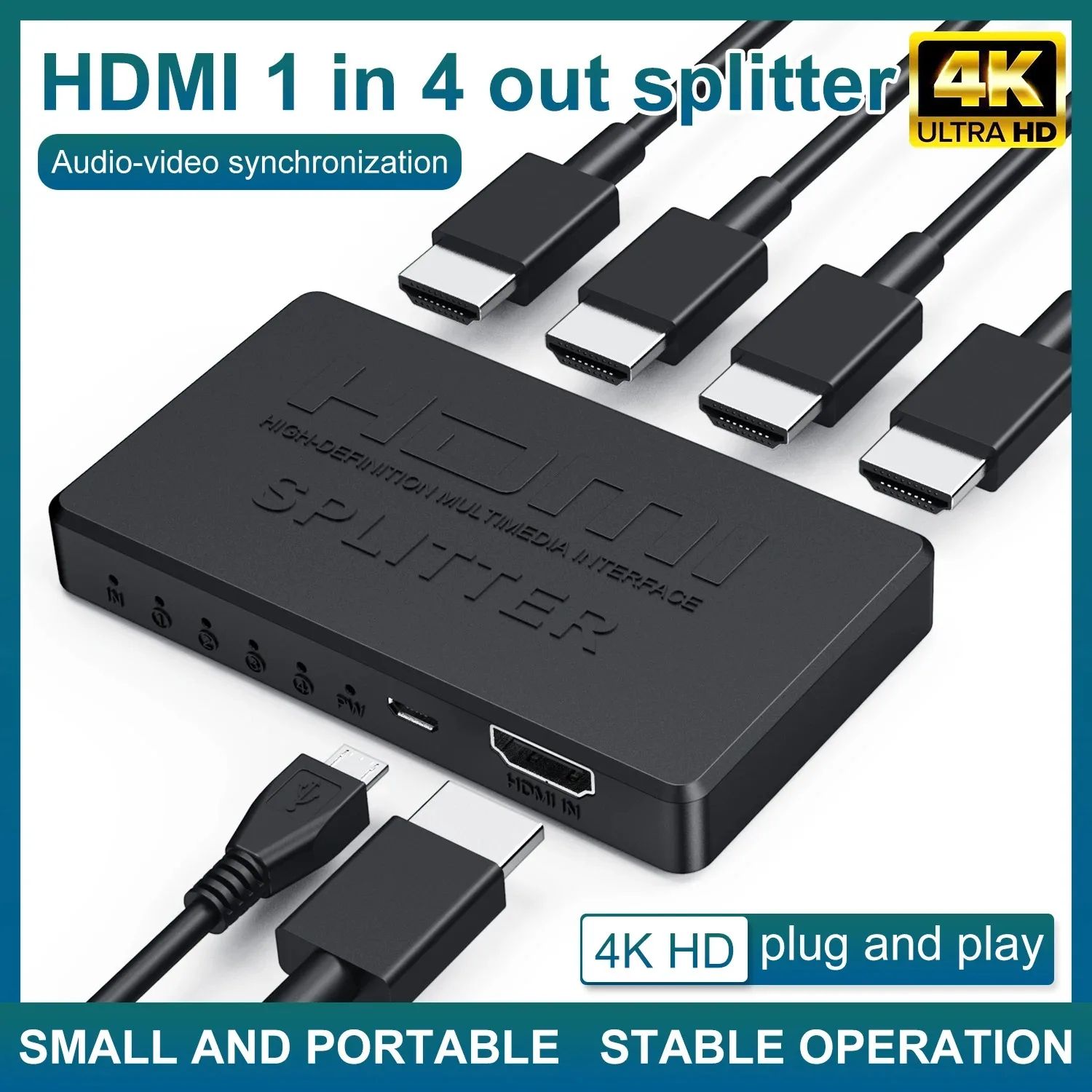 1 in 4 Out HDMI Splitter HD 4K Video Switcher HDMI-Compatible Cable Adapter 1x4 Hub For PS4 Laptop Monitor TV Box Projector