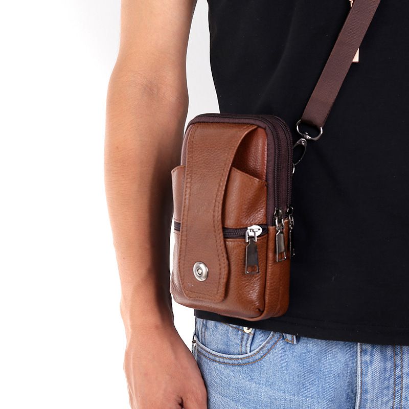 1PC Men's Fashion Messenger Bags Genuine Leather Crossbody Cell Phone Bags Vintage Handbags Fanny Pack Waist Bag Belt Case