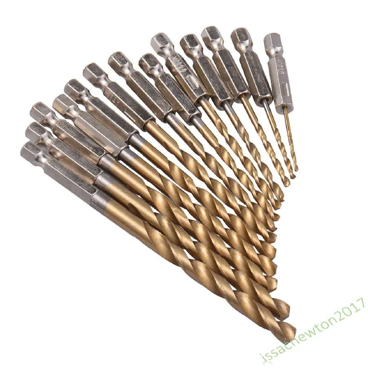 13pc Drill Bit Set Titanium Coated HSS High Speed Steel Hex Shank Quick Change R