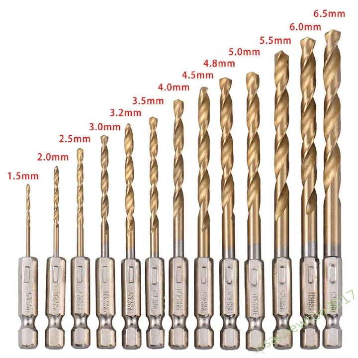 13pc Drill Bit Set Titanium Coated HSS High Speed Steel Hex Shank Quick Change R
