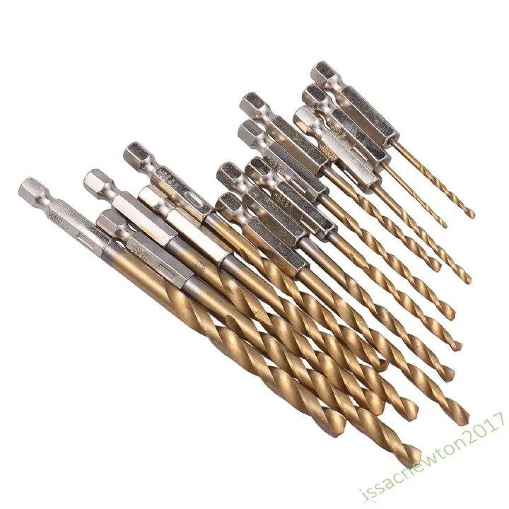 13pc Drill Bit Set Titanium Coated HSS High Speed Steel Hex Shank Quick Change R