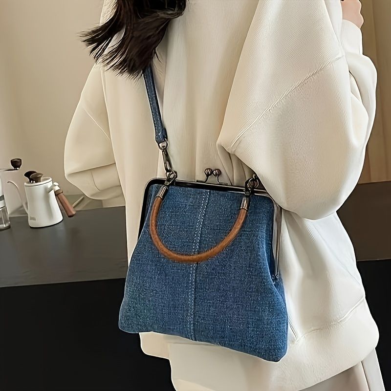 Denim Crossbody Bag Light Blue Denim Crossbody Bag, Tote Bag - Twist Lock Closure, Removable Shoulder Strap and Tassel Accents, Foldable Handmade, Solid Color, Polyester Lining