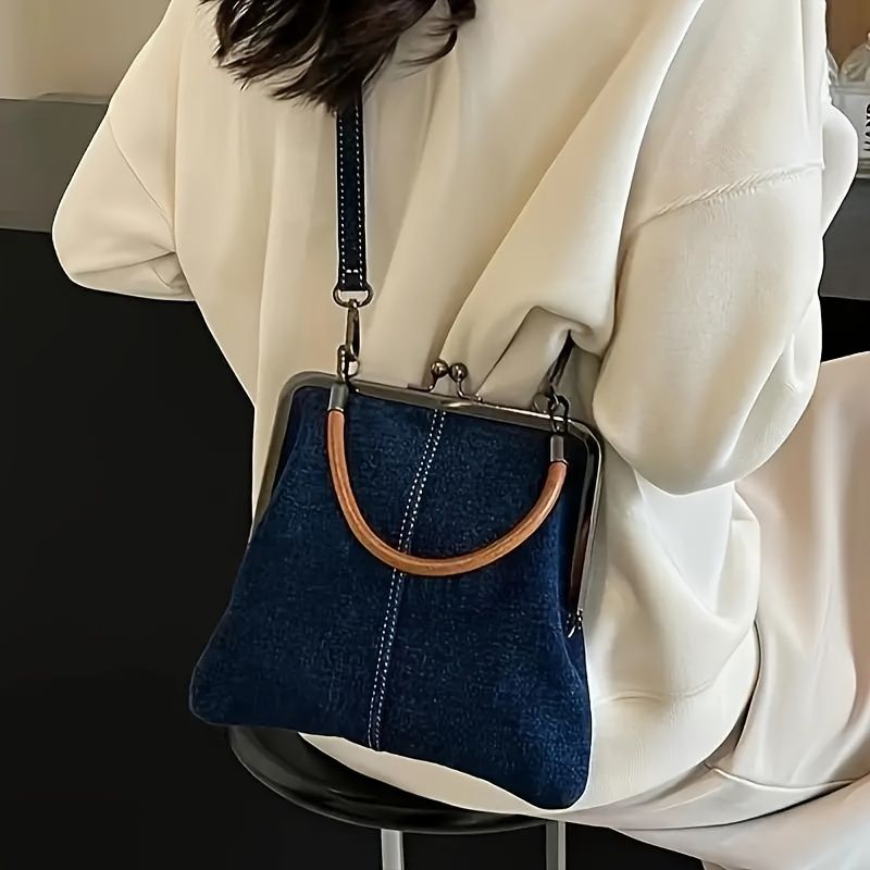 Denim Crossbody Bag Light Blue Denim Crossbody Bag, Tote Bag - Twist Lock Closure, Removable Shoulder Strap and Tassel Accents, Foldable Handmade, Solid Color, Polyester Lining